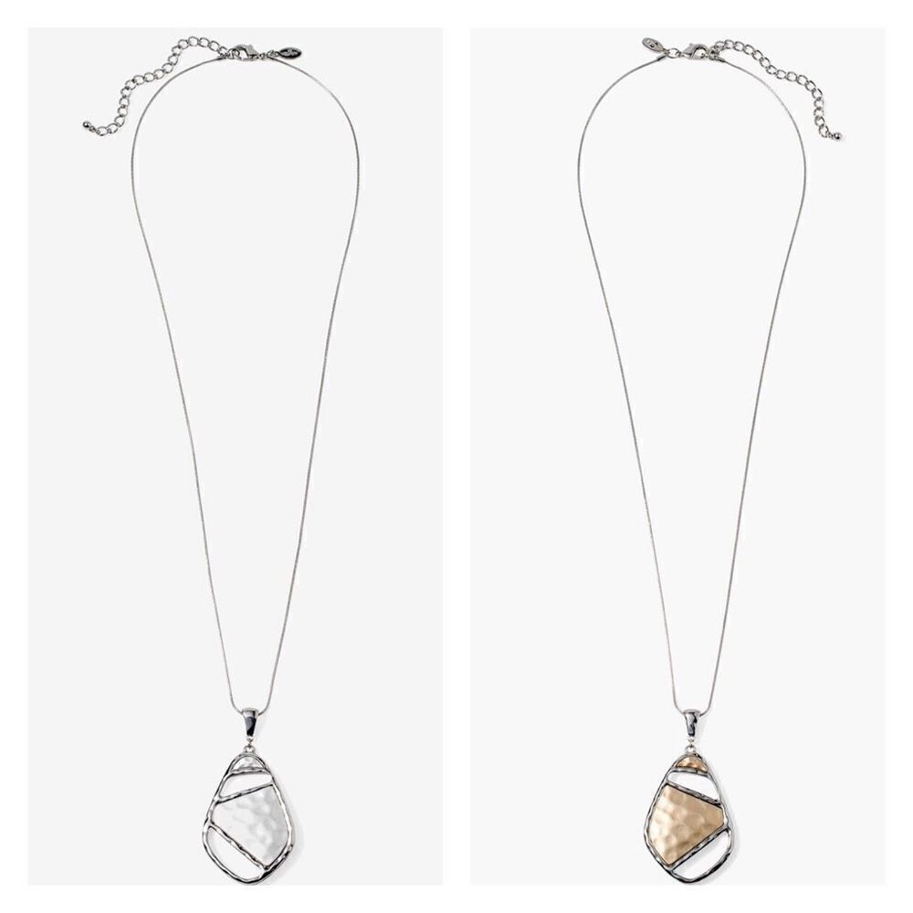 NWT Chico’s Textured Flip Metal Pendant Reversible Necklace Two Tone Gold Silver